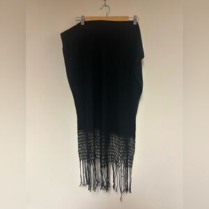 100% Cashmere Black Wrap Shawl Scarf Gorgeous Long and Wide Woven Trim